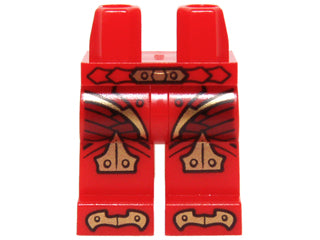 Red LEGO minifigure legs with a gold belt, scaled armor pattern on the thighs, and gold knee pads pattern.