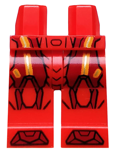 Red LEGO hips and legs with orange and gold circuitry pattern, dark red armor, knee pads, and boots design.
