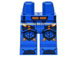 Blue LEGO minifigure hips and legs with orange and gold circuitry, dark armor, hexagonal knee pads, and boots pattern.
