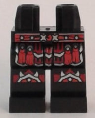 Black LEGO hips and legs with a red studded belt, red tassels, and white armor pattern.