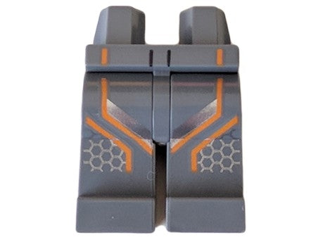 Grey LEGO minifigure legs with racing suit pattern, featuring orange and silver stripes and honeycomb detail.