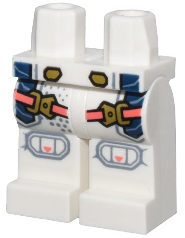 White LEGO hips and legs with coral straps, gold buckles, dark blue panels, sand blue knee pads, and dots pattern.