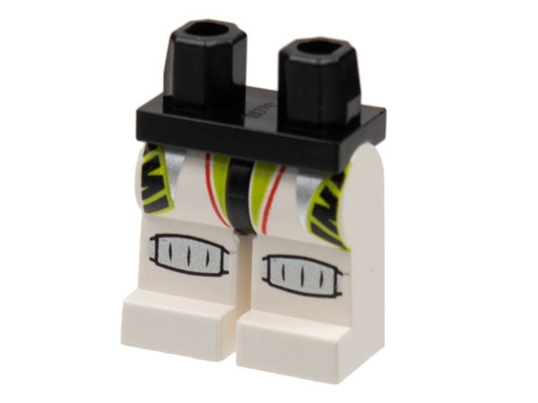 LEGO 970c01pb01 hips and white legs with black top, lime stripes, silver knee pads, and red line pattern.