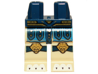 LEGO tan minifigure legs with blue loincloth, gold knee pads and belt, and white claw pattern.