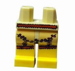 Yellow LEGO hips and legs with a brown animal skin skirt pattern, featuring dark reddish brown trim and stitching.