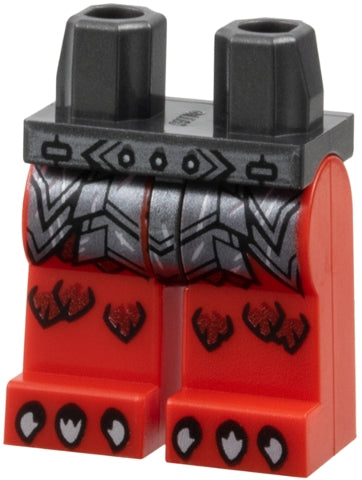 Red LEGO legs with dark silver riveted belt, segmented armor prints, dark red scales, and silver claws.