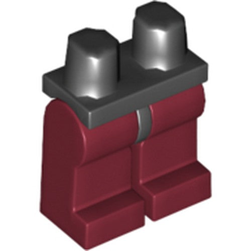 LEGO minifigure hips and legs, dark red with dark gray hip piece and studs, subtle silver-grey band.