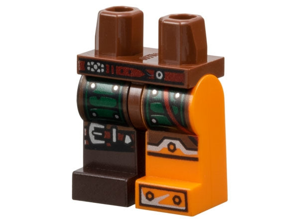 LEGO minifigure hips and legs: brown top, orange left leg with armor, dark brown right leg with green armor pattern.