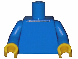 Plain blue LEGO minifigure torso 973c007 with blue arms and yellow hands on a white background.