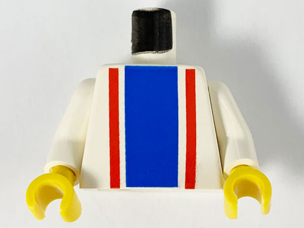 White LEGO torso with a thick blue vertical stripe flanked by thin red stripes, white arms, and yellow hands.