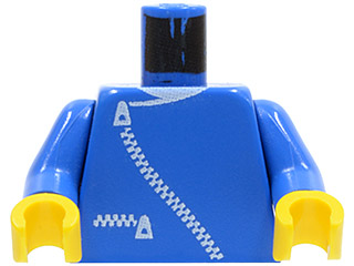LEGO 973p0ac01 blue minifigure torso with white diagonal main zipper and small lower zipper, blue arms, yellow hands.