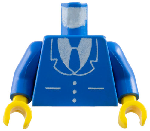 Blue LEGO torso with white suit jacket, tie, buttons, and pocket print; blue arms, yellow hands.