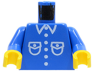 LEGO 973p26c01 blue torso featuring a white shirt pattern with collar, buttons, and two pockets. Includes blue arms and yellow hands.