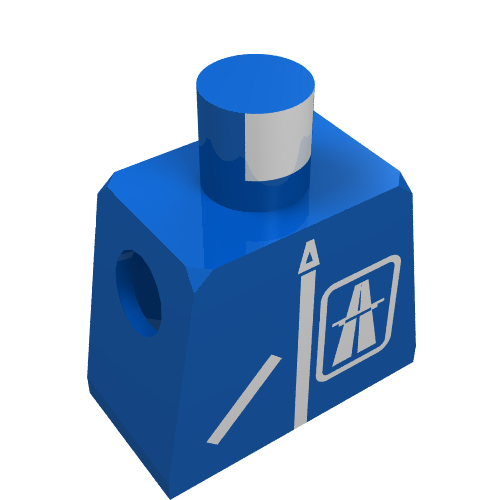 Blue LEGO torso with white highway pattern, featuring an Autobahn sign and a kilometer marker.