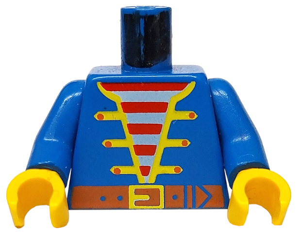 LEGO 973p34c01 - Torso Piratenjas Open met Gele Rand over Shirt met Rode en Witte Horizontale Strepen, Donkeroranje Riem met Gesp Patroon / Armen / Gele Handen