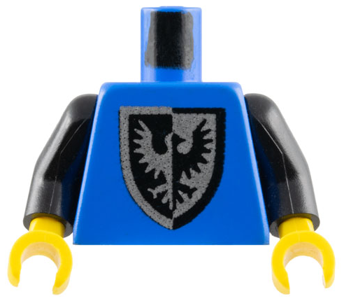 Blue LEGO torso, Black Falcon shield pattern (grey/black eagle), black arms, yellow hands, and black neck printing.