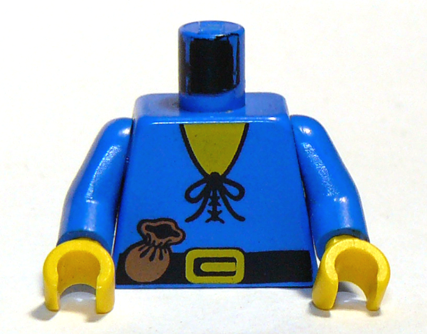 Blue LEGO torso with yellow neck pattern, black laces, belt with buckle, brown pouch, yellow arms and hands.