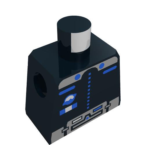 Dark blue LEGO minifigure torso, Space Ice Planet 973p61, with grey and blue futuristic pattern, planet icon, and 'TEAST' text.