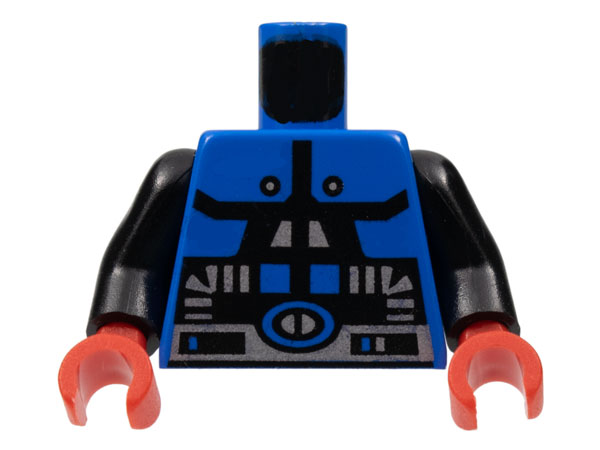 Front view of LEGO 973p66c01 torso: blue with black and gray Spyrius pattern, black arms, and red hands.