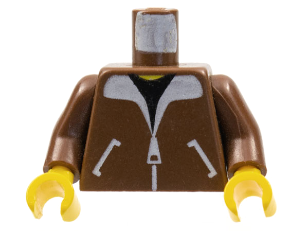 LEGO 973p70c01 brown torso with bomber jacket design: white collar, zipper, and pockets over black shirt, yellow neck pattern and hands.