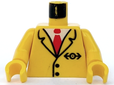 LEGO yellow torso with black suit jacket pattern, red tie, white shirt, 2 black buttons, and a black train logo. Yellow arms and hands.