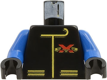 LEGO 973p8ac04 black racing suit torso with blue arms, yellow lines pattern, and a red Extreme Team X logo.