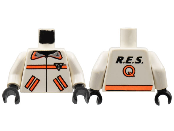 White LEGO torso with orange stripes, black pockets, and a 'R.E.S.Q' logo on the back. Includes white arms and black hands.