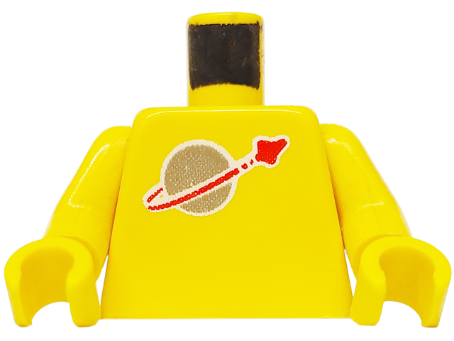Yellow LEGO torso with classic space moon pattern, yellow arms, and yellow hands, featuring a black neck peg.