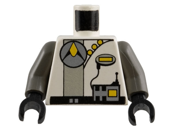 LEGO 973pb0004c01 - Torso Space Exploriens met zilveren cirkellogo en radio, lichtgrijze streep, gele knoppen, zwarte riem / donkergrijze armen / zwarte handen