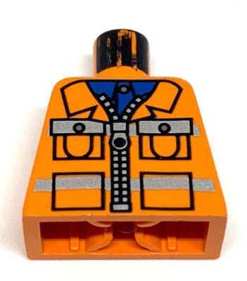 Orange LEGO torso featuring a black zipper jacket, blue shirt, gray safety stripes, and pockets pattern.
