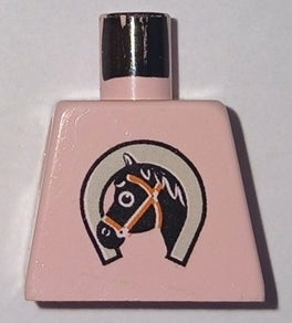 Pink LEGO minifigure torso with a black horse face in a grey horseshoe print and a dark brown neck with silver.
