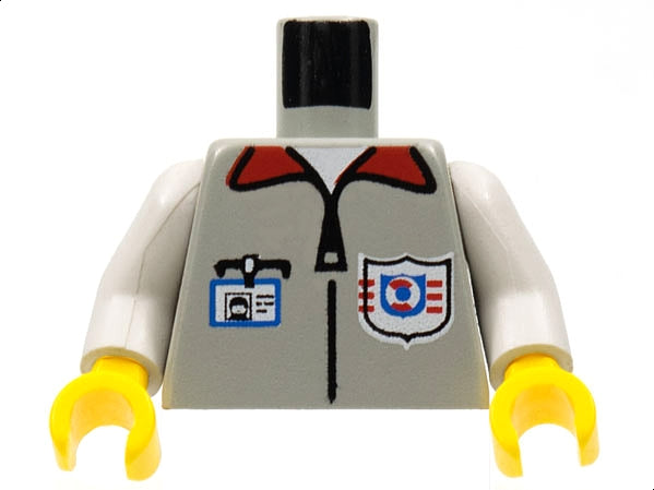 LEGO minifigure torso, light grey, with red collar, black zipper, ID badge, and a shield logo. White arms, yellow hands.