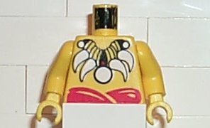 Yellow LEGO Pirate Islanders torso with white bone necklace, red sash pattern, and a black neck peg featuring a gold top.