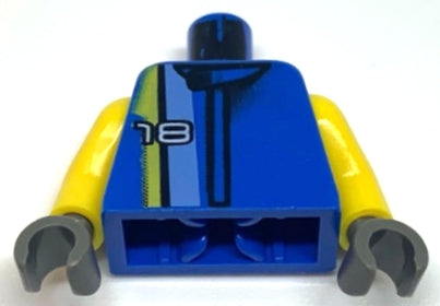 LEGO Racers blue torso with '18' on medium blue, black, and yellow stripes, yellow arms, and dark gray hands.