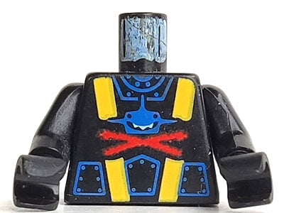 LEGO Aquazone Aquashark black torso with blue shark, red 'X' pattern, yellow trim, black arms, and worn blue neck post.