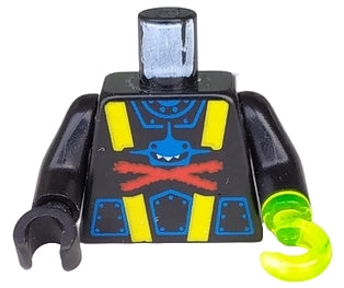 Black LEGO Aquashark torso with blue shark, red 'X' pattern, yellow stripes, black arms, black hand, and trans-neon green hook.