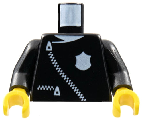 Black LEGO torso with police leather jacket pattern, thin white zippers, a badge, black arms, and yellow hands.