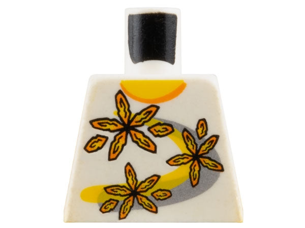 White LEGO minifigure torso with black neck, orange semi-circle, three orange flowers, and yellow and silver curved stripe pattern.