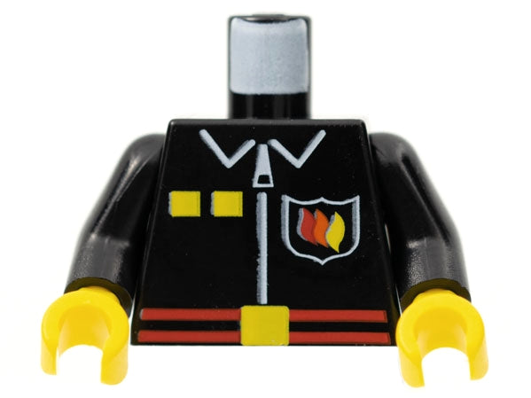 LEGO 973pb0099c01 - Torso branduniform met vlammenembleem, gele vierkanten en witte rits, rode riem met gesppatroon / armen / gele handen