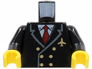 Black LEGO torso, double-breasted pilot suit with gray lapels, white shirt, red tie, gold buttons, and airplane logo, black arms, yellow hands.