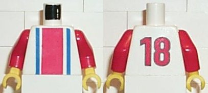 LEGO minifigure torso with white, red, and blue vertical stripes on front; red number 18 on back; red arms, yellow hands.