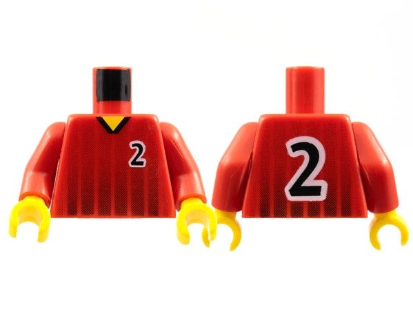 Two red LEGO soccer torsos, front and back, with black fading stripes, number 2, red arms, yellow hands.