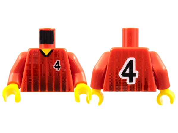 LEGO red soccer jersey torso with black fading stripes, yellow V-neck, number 4 on front and back, red arms, yellow hands.