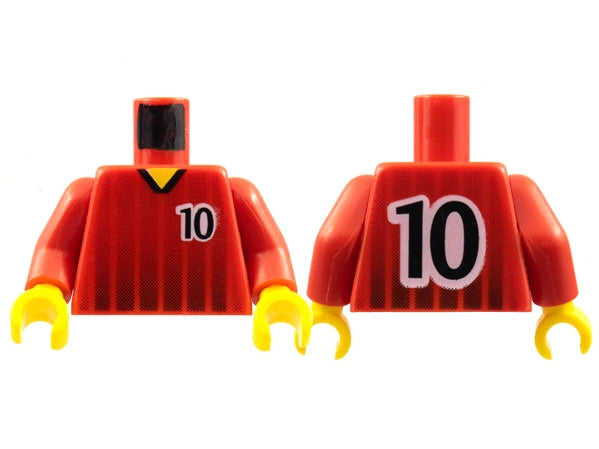 LEGO 973pb0173c01 - Torso Voetbal Zwart met Vervagende Strepen en Nummer 10 Voor- en Achterkant / Armen / Gele Handen