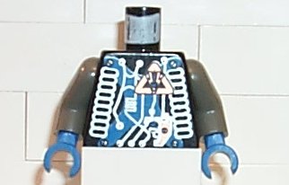 LEGO 973pb0199c01 minifigure torso with Space Insectoids blue X and hose pattern, dark gray arms, blue hands.