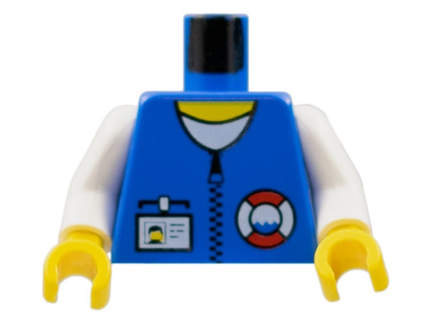 LEGO 973pb0237c01 - Torso Reddingsbrigade Logo, Naamplaatje, Witte Kraag, Ritspatroon / Witte Armen / Gele Handen