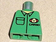 Green LEGO minifigure torso with black shirt pattern, pocket, and a 'CARGO' logo featuring a yellow cube in a red oval.
