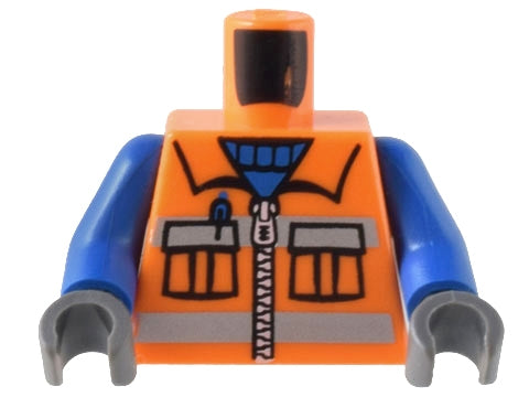 LEGO 973pb0263c01 - Torso Town Construction Zipper Vest met zakken en blauw shirtpatroon / Blauwe armen / Donker blauwgrijze handen