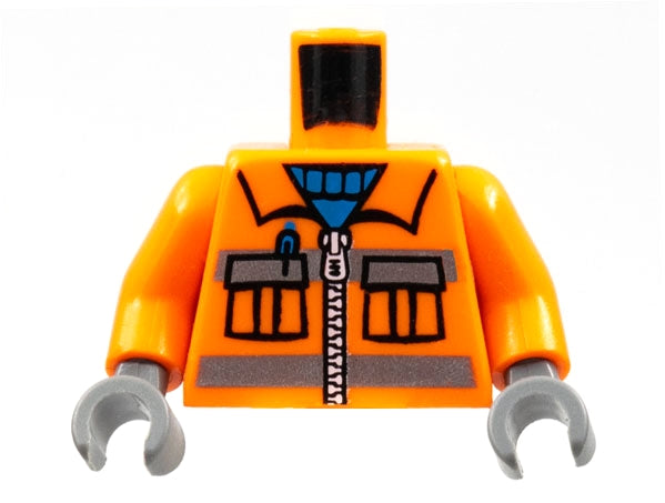 LEGO orange construction uniform torso with dark gray pockets, silver zipper, reflective stripes, blue sweater, and dark bluish gray hands.