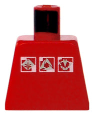 Red LEGO torso with black neck post and three white and silver Gravity Games logos on the front.